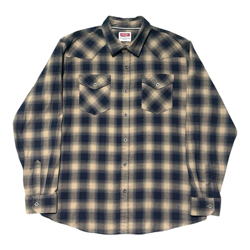 Wrangler Shirt Mens XL Plaid Flannel Gray Black Button Up Long Sleeve